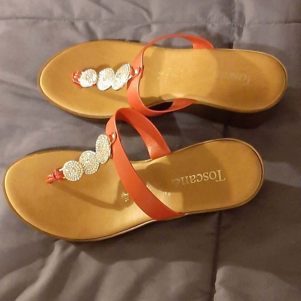 Toscanella women's red wedge flip flops, sandals, rhinestone design, 7.5 M
